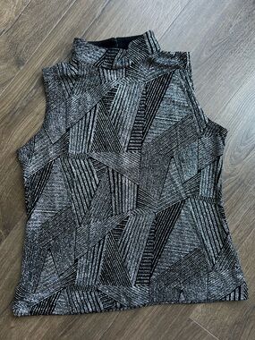 Vintage Sleeveless Mock Neck Geometric Sparkle Top - Black/Silver